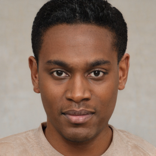 Neutral black young-adult male with short  black hair and brown eyes