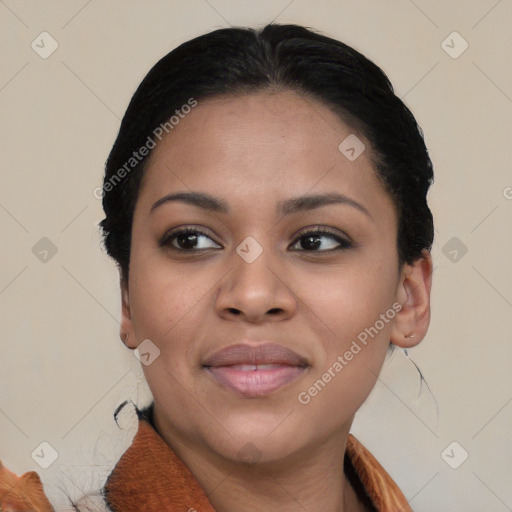 Joyful black young-adult female with medium  black hair and brown eyes