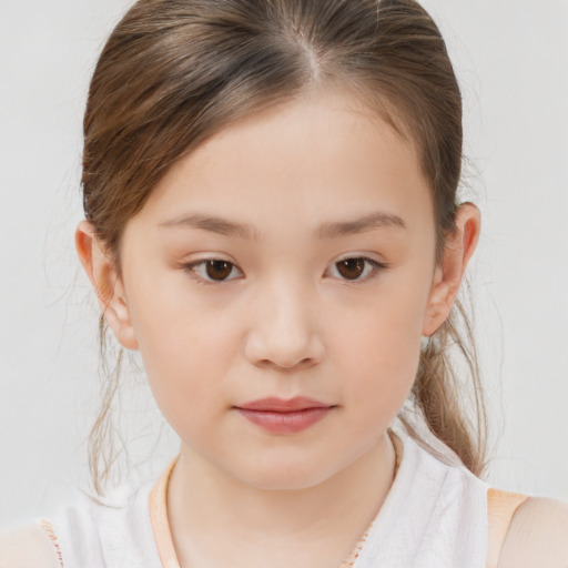 Joyful white child female with medium  brown hair and brown eyes