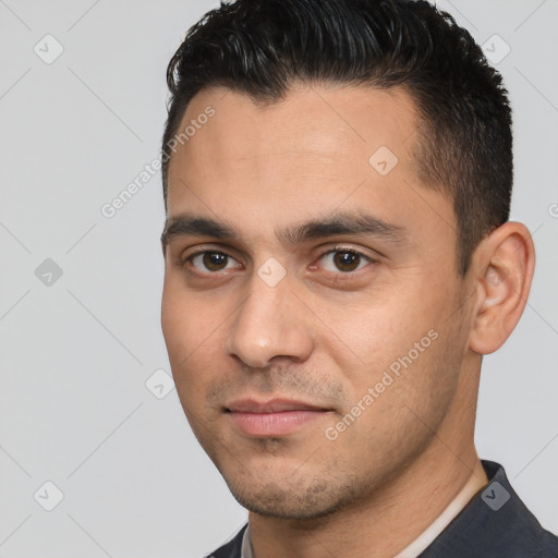 Joyful white young-adult male with short  brown hair and brown eyes