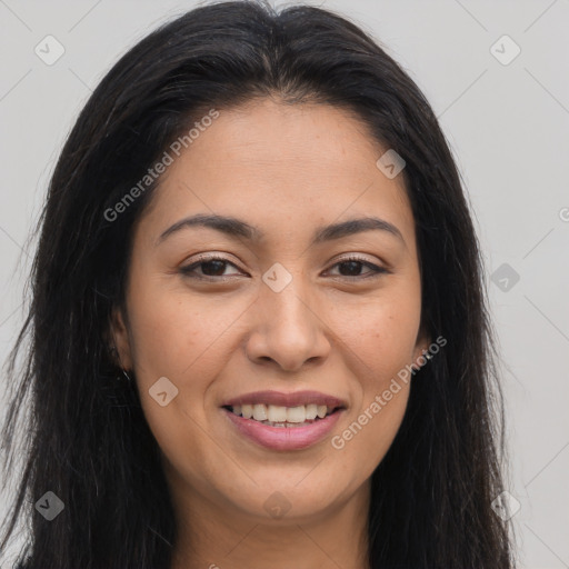 Joyful latino young-adult female with long  brown hair and brown eyes