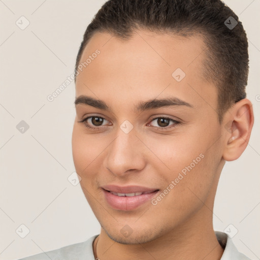 Joyful white young-adult female with short  brown hair and brown eyes