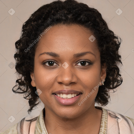 Joyful black young-adult female with medium  black hair and brown eyes