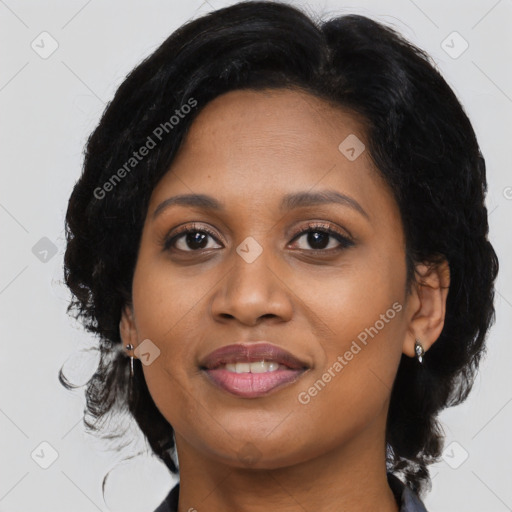 Joyful black young-adult female with medium  brown hair and brown eyes