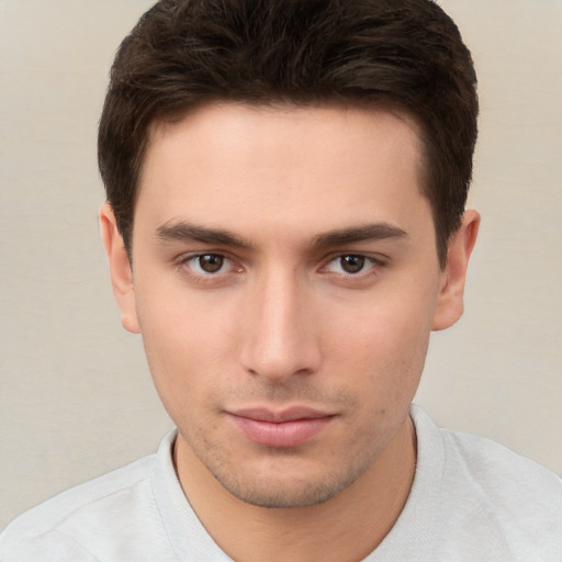 Neutral white young-adult male with short  brown hair and brown eyes