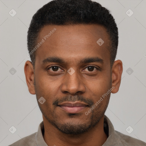 Neutral black young-adult male with short  black hair and brown eyes