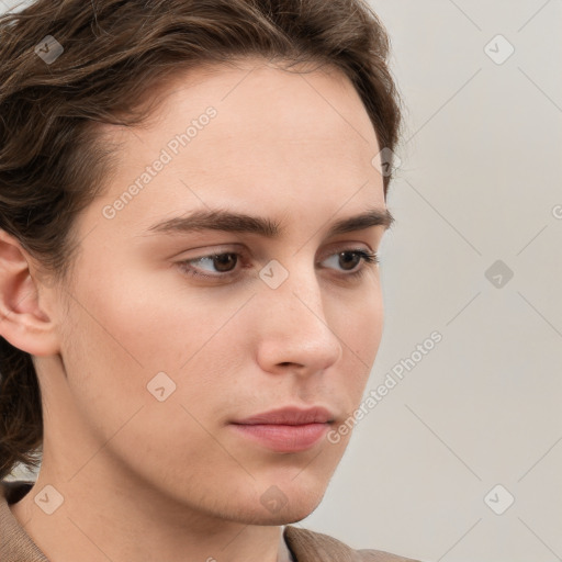 Neutral white young-adult female with short  brown hair and grey eyes