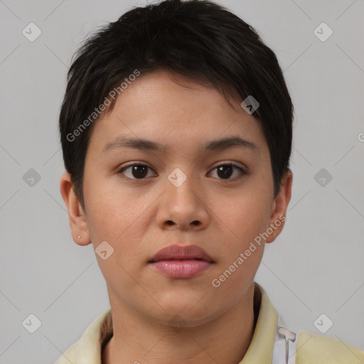 Neutral asian young-adult female with short  brown hair and brown eyes