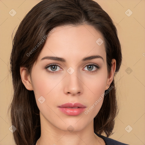 Neutral white young-adult female with medium  brown hair and brown eyes