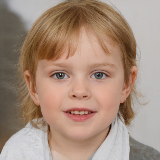 Joyful white child female with medium  brown hair and blue eyes