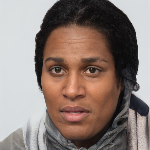 Joyful black adult female with short  black hair and brown eyes
