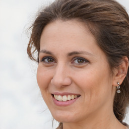 Joyful white adult female with medium  brown hair and grey eyes