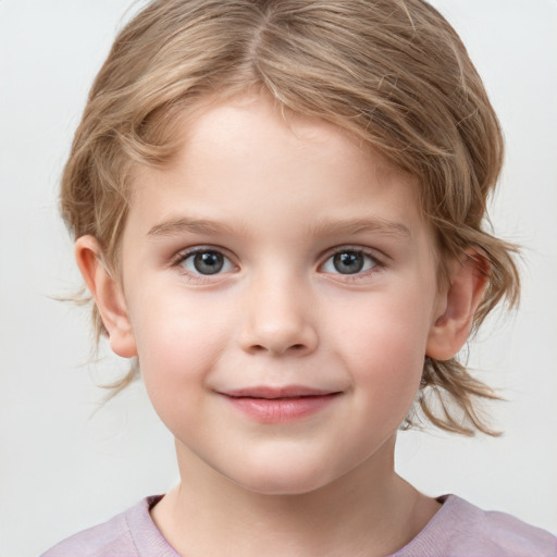 Joyful white child female with medium  brown hair and grey eyes