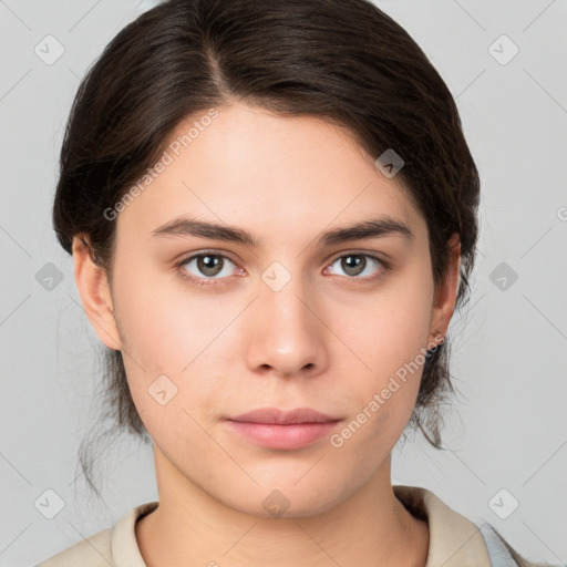 Neutral white young-adult female with medium  brown hair and brown eyes