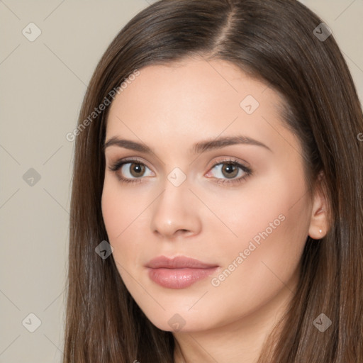 Neutral white young-adult female with long  brown hair and brown eyes