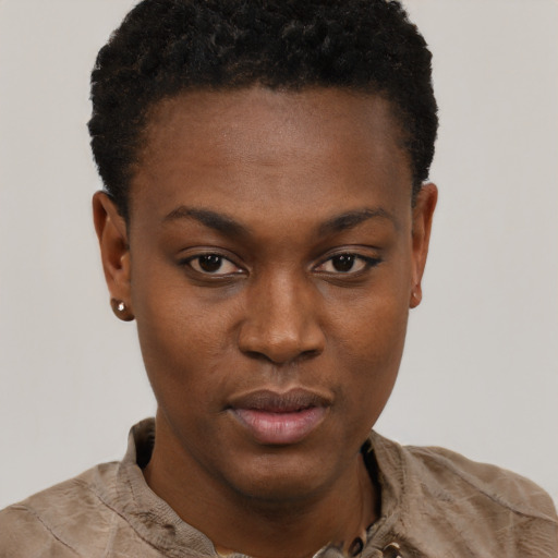 Neutral black young-adult female with short  black hair and brown eyes