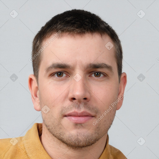 Neutral white young-adult male with short  brown hair and brown eyes