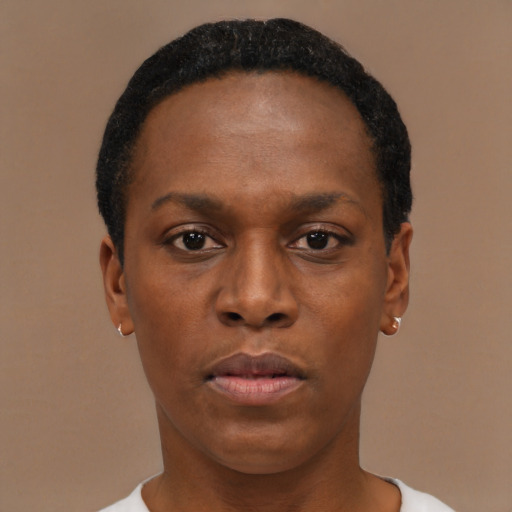 Neutral black young-adult female with short  brown hair and brown eyes
