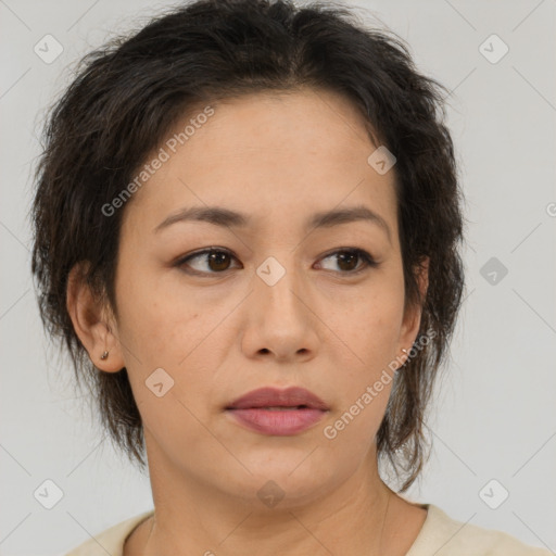 Neutral asian young-adult female with short  brown hair and brown eyes