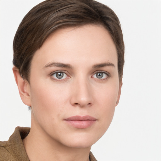 Neutral white young-adult female with short  brown hair and grey eyes