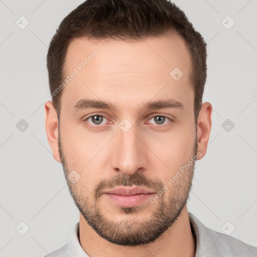 Neutral white young-adult male with short  brown hair and brown eyes