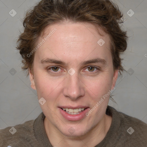 Joyful white adult female with short  brown hair and brown eyes