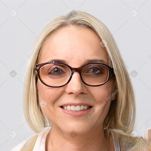 Joyful white young-adult female with long  brown hair and blue eyes