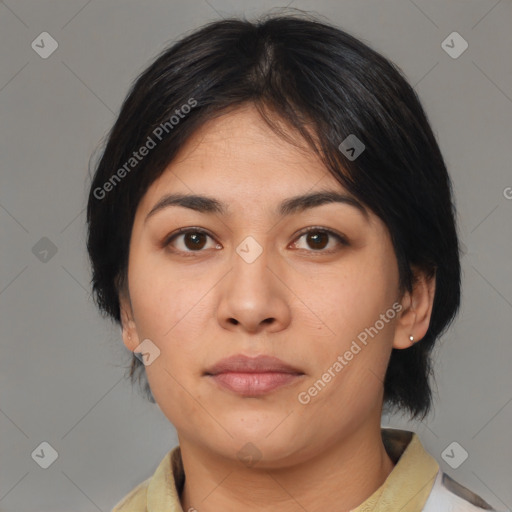 Neutral asian young-adult female with medium  black hair and brown eyes