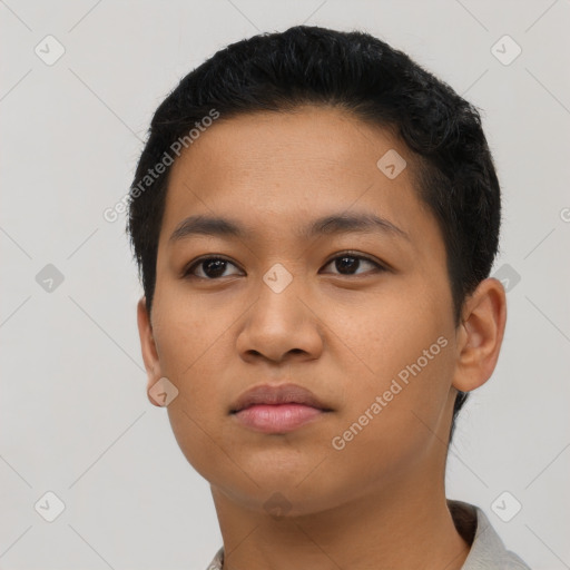 Neutral latino young-adult female with short  black hair and brown eyes