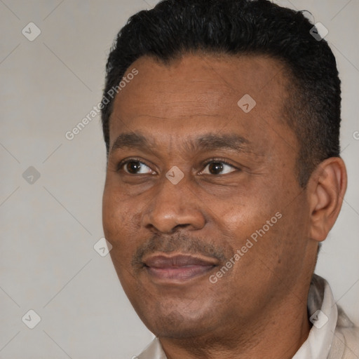Joyful black adult male with short  black hair and brown eyes