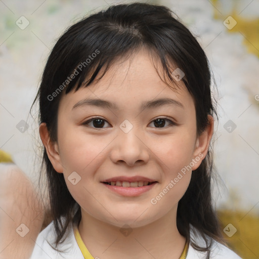 Joyful white child female with medium  brown hair and brown eyes