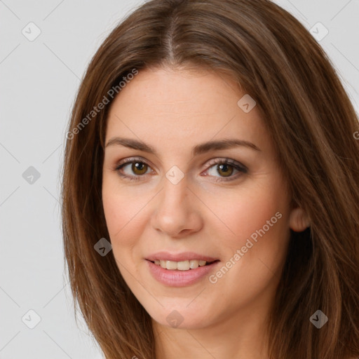 Joyful white young-adult female with long  brown hair and green eyes