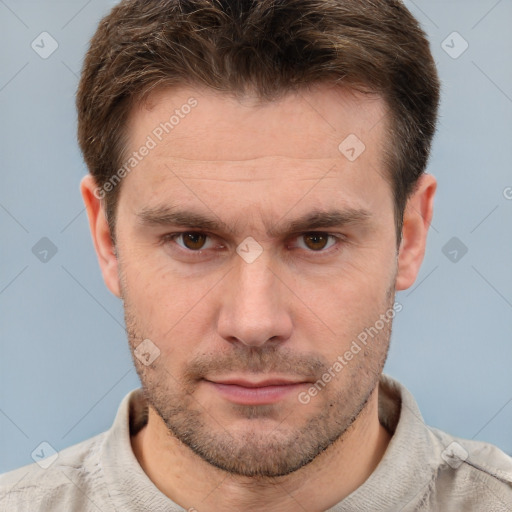 Neutral white adult male with short  brown hair and brown eyes
