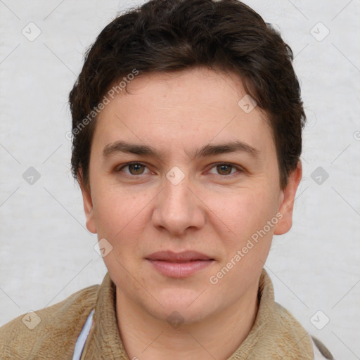 Joyful white young-adult female with short  brown hair and brown eyes