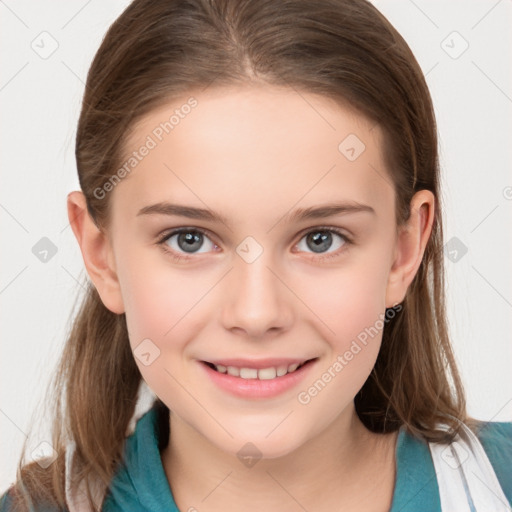 Joyful white child female with medium  brown hair and grey eyes