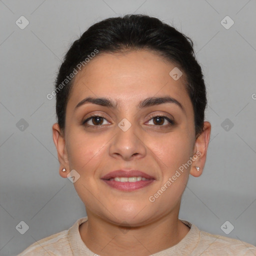 Joyful white young-adult female with short  brown hair and brown eyes