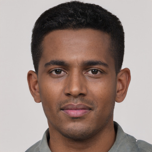 Neutral black young-adult male with short  black hair and brown eyes