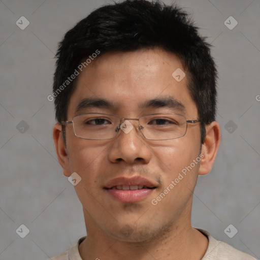 Joyful asian young-adult male with short  brown hair and brown eyes