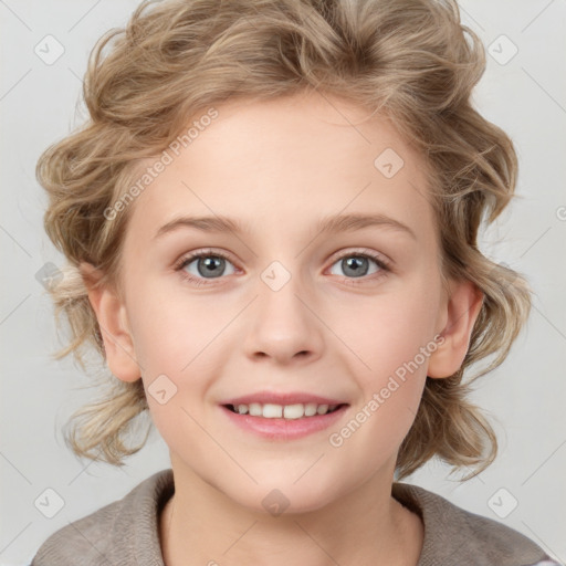 Joyful white child female with medium  brown hair and grey eyes