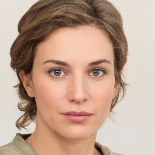 Neutral white young-adult female with medium  brown hair and grey eyes