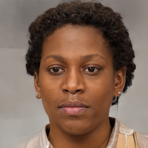 Neutral latino young-adult female with short  brown hair and brown eyes