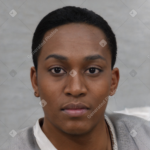 Neutral black young-adult female with short  black hair and brown eyes