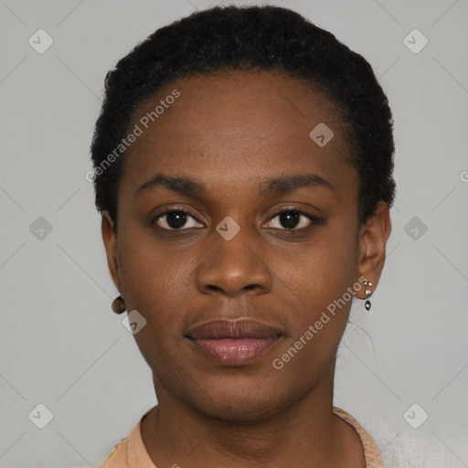 Neutral black young-adult female with short  black hair and brown eyes