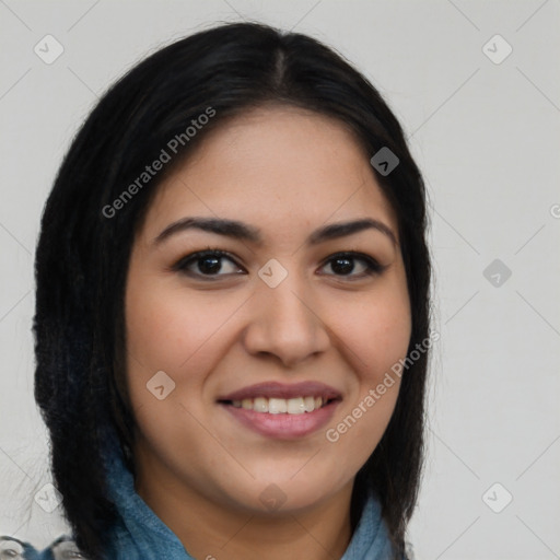 Joyful latino young-adult female with long  brown hair and brown eyes