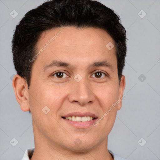 Joyful white adult male with short  brown hair and brown eyes