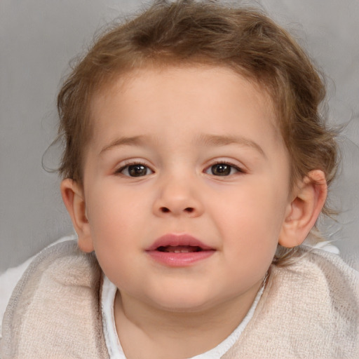 Joyful white child female with short  brown hair and brown eyes