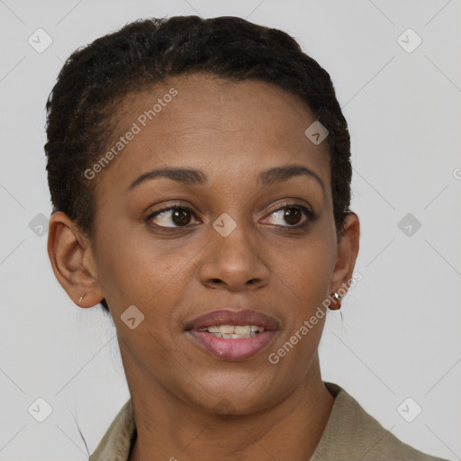 Joyful black young-adult female with short  brown hair and brown eyes