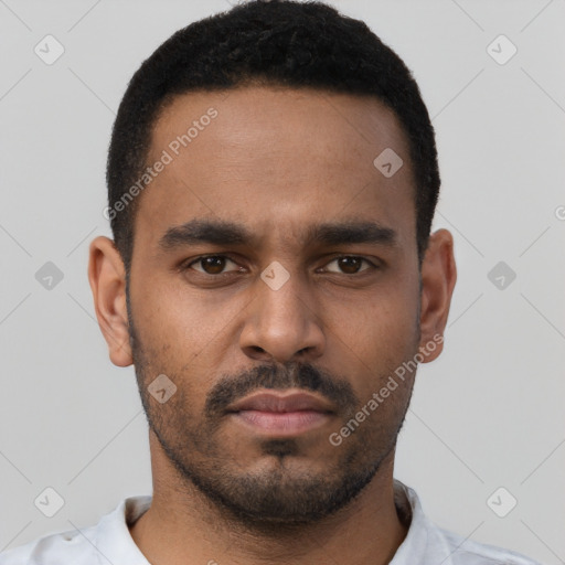 Neutral black young-adult male with short  black hair and brown eyes