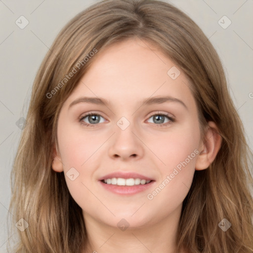 Joyful white young-adult female with long  brown hair and grey eyes