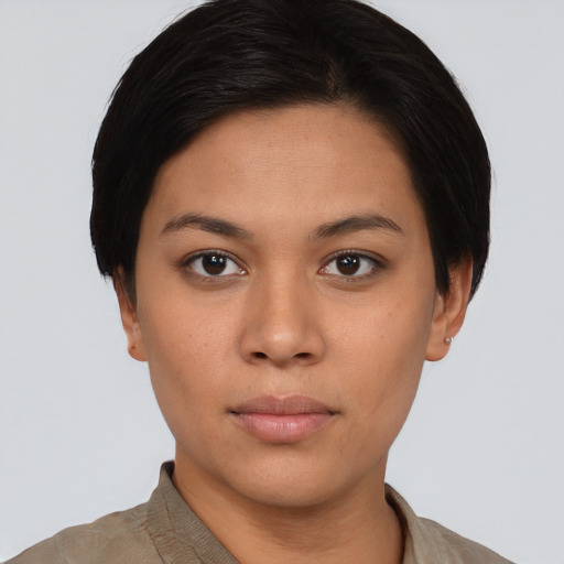 Neutral asian young-adult female with short  black hair and brown eyes